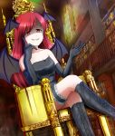 :d alternate_costume bare_legs bare_shoulders bat_wings black_footwear bookshelf boots chair cross-laced_footwear crossed_legs dutch_angle elbow_gloves eyebrows_visible_through_hair gloves head_wings index_finger_raised kisaragi_koushi koakuma lace-up_boots library open_mouth red_eyes red_hair scarlet_devil_mansion shaded_face single_garter_strap smile smug thigh_strap throne touhou voile wings 
