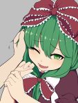  bow caress collared_dress dress eyebrows_visible_through_hair frilled_bow frilled_ribbon frills front_ponytail green_eyes green_hair grey_background hair_between_eyes hair_bow hair_ribbon hand_on_another's_cheek hand_on_another's_face highres kagiyama_hina long_hair looking_at_viewer marsen one_eye_closed open_mouth puffy_short_sleeves puffy_sleeves red_bow red_dress ribbon short_sleeves simple_background touhou wavy_mouth wince 