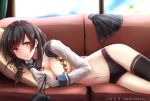 bangs black_bra black_hair black_legwear black_panties blue_sky blurry blurry_background blush bra bra_removed breasts closed_mouth commentary_request couch dated day eyebrows_visible_through_hair gloves groin hair_ornament hair_ribbon highres indoors isokaze_(kantai_collection) kantai_collection light_particles lingerie long_hair long_sleeves looking_at_viewer lounge lying medium_breasts navel nuka_(nvkka) on_side panties pleated_skirt red_eyes ribbon school_uniform serafuku sidelocks signature single_thighhigh skirt skirt_removed sky smile solo stomach thighhighs thighs tress_ribbon underwear white_gloves window 