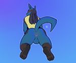  2018 anthro anus balls blue_fur butt digital_media_(artwork) from_behind_(disambiguation) fur looking_at_viewer lucario male nintendo nude pok&eacute;mon pok&eacute;mon_(species) presenting presenting_anus raised_tail simple_background solo tohfu video_games yellow_fur 