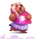  anthro barbie bear black_eyes blonde_hair brown_fur cellphone clothed clothing cryptid-creations english_text fangs female fur hair humor mammal open_mouth phone pun purse simple_background solo tan_fur teeth text white_background 