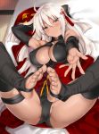  ahoge ass bangs bare_shoulders barefoot black_bow black_legwear blush bow breasts brown_eyes cleavage cleavage_cutout commentary_request covered_nipples crotch dark_skin detached_sleeves eyebrows_visible_through_hair fate/grand_order fate_(series) feet hair_between_eyes hair_bow hair_ornament halter_top halterneck hand_behind_head highres kure_masahiro large_breasts legs long_hair looking_at_viewer lying okita_souji_(alter)_(fate) okita_souji_(fate)_(all) on_back open_mouth outstretched_arm partially_visible_vulva soles solo spread_legs stirrup_legwear tassel thigh_strap thighs toeless_legwear white_hair 