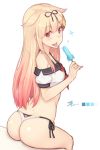  :p ass bikini bikini_bottom black_ribbon blonde_hair blush commentary_request dan_(kumadan) dated eyebrows_visible_through_hair food gradient_hair hair_between_eyes hair_ornament hair_ribbon kantai_collection long_hair looking_at_viewer looking_back multicolored_hair popsicle red_eyes red_hair remodel_(kantai_collection) ribbon saliva saliva_trail side-tie_bikini signature simple_background sitting skindentation solo sparkle swimsuit tongue tongue_out white_background yuudachi_(kantai_collection) 