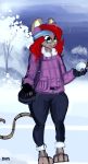  2017 3_toes absurd_res anthro barefoot biped black_bottomwear black_clothing black_eyes black_gloves black_pants bottomwear brown_ears brown_fur brown_tail clothed clothing coat cold detailed_background digital_media_(artwork) digital_painting_(artwork) dirtyscoundrel earmuffs eyewear female fingerless_gloves fully_clothed fur glasses gloves hair happy hi_res holding_object holding_snowball mammal mouse outside pants purple_clothing purple_coat purple_topwear red_hair rodent signature sky smile snow snowball snowing solo standing toes topwear tree weather year 