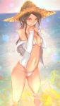  bikini black_hair blurry blurry_background breasts hat highres jacket legs_apart long_hair looking_at_viewer medium_breasts navel off_shoulder open_clothes open_jacket original pandarou red_eyes smile solo standing straw_hat striped striped_bikini swimsuit water 