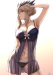  armpits artoria_pendragon_(all) artoria_pendragon_(lancer_alter) babydoll bangs bare_shoulders black_panties blonde_hair braid breasts cleavage collarbone commentary_request fate/grand_order fate_(series) french_braid gradient gradient_background hair_between_eyes hair_bun hand_in_hair hand_up highres hips horns lace lace-trimmed_panties large_breasts long_hair looking_at_viewer looking_to_the_side mashu_003 navel panties parted_lips profile sidelocks solo thighs underwear yellow_eyes 