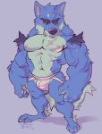  2018 abs anthro biceps big_muscles bulge canine claws clothed clothing digital_media_(artwork) e-w01f fur hi_res jockstrap male mammal muscular muscular_male nipples pecs scar simple_background solo standing topless underwear wolf 