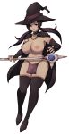  black_hair breasts cape collarbone full_body hat highres lamb-oic029 large_breasts long_hair looking_at_viewer navel nipples nude original red_eyes see-through simple_background solo staff thighhighs white_background wide_hips witch witch_hat 