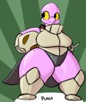  2018 anthro armor beverage big_breasts breasts brittle_(plaga) cape clothing female freckles helmet holding_object pink_scales plaga scales scalie signature simple_background slightly_chubby smile straw thick_thighs yellow_sclera 