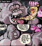  2018 anthro ape blush burping clothing dramamine duo english_text food gorilla male male/male mammal muscular muscular_male open_mouth pecs pizza primate shirt smoke speech_bubble tank_top text tongue tongue_out 