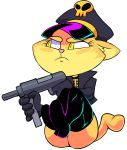  alpha_channel anthro cat chibi clothing feline female gloves gun hat jacket leather_boots mammal ranged_weapon simple_background sitting solo transparent_background vimhomeless weapon 