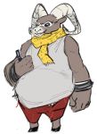  2018 anthro caprine cellphone clothed clothing eyewear fomorian goat holding_object holding_phone hooves horn male mammal megami_tensei nobby_(artist) overweight overweight_male phone scarf shirt simple_background solo standing sunglasses tank_top white_background wristband 