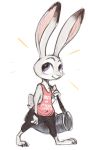  2018 anthro barefoot clothed clothing dipstick_ears disney duffel_bag english_text female judy_hopps lagomorph looking_at_viewer mammal nobby_(artist) purple_eyes rabbit shirt simple_background smile solo tank_top text walking white_background wristband zootopia 