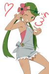  clenched_teeth dark_skin double_v eyebrows_visible_through_hair flower green_eyes green_hair green_hairband grey_shorts hair_flower hair_ornament hairband long_hair looking_at_viewer mao_(pokemon) ninchan one_eye_closed pokemon pokemon_(game) pokemon_sm shorts simple_background smile solo teeth twintails v white_background 