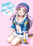  2017 :d bangs bikini_top breasts cardigan ckst cleavage collarbone fingerless_gloves gloves green_eyes hair_between_eyes happy_new_year highres kneeling long_hair love_live! love_live!_school_idol_festival love_live!_school_idol_project medium_breasts new_year open_cardigan open_clothes open_mouth parted_bangs partially_unzipped pink_background polka_dot polka_dot_background purple_hair ribbon shiny shiny_skin short_shorts shorts smile solo toujou_nozomi very_long_hair whistle white_ribbon white_shorts 