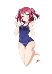  ;d absurdres blue_swimsuit breasts cao_yuxiang collarbone covered_navel eyebrows_visible_through_hair full_body green_eyes hair_between_eyes highres kurosawa_ruby long_hair looking_at_viewer love_live! love_live!_sunshine!! one-piece_swimsuit one_eye_closed open_mouth red_hair school_swimsuit signature simple_background small_breasts smile solo swimsuit two_side_up white_background 