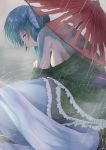  blue_eyes blue_hair breasts broken commentary_request fish_scales green_kimono head_fins highres japanese_clothes kagami_toufu kimono looking_at_viewer medium_breasts mermaid monster_girl no_bra rain scales short_hair solo touhou umbrella wakasagihime 