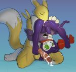  after_sex anal anthro anthro_on_anthro balls blue_background clothing cum cum_in_ass cum_inside cum_on_penis dacad digimon duo eyes_closed felching fur gloves green_eyes hand_on_leg impmon kneeling knot male male/male nude oral penis purple_skin renamon rimming sex simple_background size_difference spread_legs spreading upside_down white_fur yellow_fur 