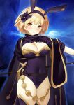  alternate_color animal_ears arm_behind_back black_legwear blonde_hair blush breasts brown_eyes bunny_ears cape cleavage commentary_request covered_navel djeeta_(granblue_fantasy) fake_animal_ears flower granblue_fantasy hair_flower hair_ornament hairband kaisen_chuui large_breasts leotard looking_at_viewer night night_sky sage_(granblue_fantasy) short_hair sky smile solo staff star starry_background thighhighs 