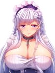  azur_lane bangs belfast_(azur_lane) blue_eyes blush braid breasts chain cleavage collar collarbone commentary corset dress eyebrows_visible_through_hair french_braid frills highres large_breasts long_hair looking_away maid maid_headdress seraphina silver_hair smile solo transparent_background underbust upper_body 
