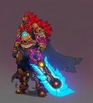  2017 armor boots breath_of_the_wild cape clothed clothing digital_media_(artwork) dogbomber footwear ganondorf gauntlets gerudo gloves glowing hair holding_object holding_weapon humanoid male melee_weapon nintendo not_furry simple_background smile solo standing sword teeth the_legend_of_zelda video_games weapon 
