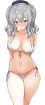  arms_behind_back bikini blue_eyes blush breasts closed_mouth collarbone covered_nipples eyebrows_visible_through_hair front-tie_bikini front-tie_top hair_between_eyes hat highres kaisen_chuui kantai_collection kashima_(kantai_collection) large_breasts lips long_hair looking_at_viewer micro_bikini navel side-tie_bikini silver_hair simple_background skindentation smile solo standing swimsuit thigh_gap thighs twintails wavy_hair white_background white_bikini 