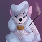  anthro anthrofied blue_eyes bow breasts canine choker cigarette cigarette_holder cleavage clothed clothing collar dog eyeshadow fauxlacine female georgette hi_res lipstick makeup mammal mature_female old oliver_and_company poodle ribbons solo 