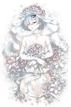  bare_shoulders blue_hair breasts bride choker closed_eyes collarbone dress flower gloves hair_ornament hair_over_one_eye hairclip highres holding lying on_back re:zero_kara_hajimeru_isekai_seikatsu rem_(re:zero) robot_cat rose short_hair sleeping tears veil 