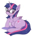  2018 digital_media_(artwork) equine eyewear feathered_wings feathers female friendship_is_magic fur glasses hair hi_res horn horse hua looking_at_viewer looking_back mammal my_little_pony pony purple_eyes purple_fur purple_hair rear_view simple_background smile solo twilight_sparkle_(mlp) white_background winged_unicorn wings 