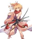  arm_guards bell black_skirt blonde_hair breasts brown_eyes djeeta_(granblue_fantasy) eyebrows_visible_through_hair flower granblue_fantasy grin hadanugi_dousa hair_between_eyes hair_flower hair_ornament hair_stick highres holding holding_sword holding_weapon japanese_clothes katana kengou_(granblue_fantasy) kimono looking_at_viewer medium_breasts miniskirt multiple_swords obi one_side_up pink_kimono red_rope ribbon-trimmed_skirt ribbon_trim rope sarashi sash scarf shimenawa short_hair single_bare_shoulder skirt smile solo sword weapon white_background wide_sleeves yuki7128 