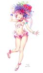  :d absurdres alternate_costume armlet armpits bangs bikini bikini_skirt blue_hair blush bracelet breasts commentary eyebrows_visible_through_hair flower frilled_bikini frills front-tie_top full_body gradient_hair groin hair_between_eyes hair_flower hair_ornament hair_ribbon hand_on_headwear harusame_(kantai_collection) hat highleg highleg_bikini highres jewelry kantai_collection leg_up long_hair looking_at_viewer medium_breasts multicolored_hair navel necklace nyum open_mouth pink_bikini pink_eyes pink_footwear pink_hair ribbon sandals side-tie_bikini side_ponytail sidelocks signature simple_background smile solo stomach sun_hat swimsuit thighs white_background wrist_flower 
