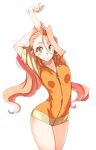  body_blush breasts commentary_request frown green_eyes hair_ornament jacket kagaminomachi_no_kaguya kusanagi_tonbo long_hair no_pants orange_hair original otohime_(kagaminomachi_no_kaguya) small_breasts smile solo stretch thick_eyebrows track_jacket twintails 