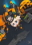  1girl black_eyes black_hair blonde_hair blue_eyes bodysuit chibi chibi_on_head commentary_request fang hair_between_eyes looking_at_viewer mecha_musume mechanical_arm on_head open_mouth original piloting ran_system short_hair smile space space_craft spiked_hair 