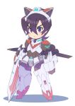  &gt;:&lt; aka-jishi animal_ears black_hair chibi clenched_hand closed_mouth fake_animal_ears full_body hyakujuu-ou_golion keith_(voltron) lion_ears male_focus mecha_danshi miyata_(lhr) mullet purple_eyes shadow simple_background solo sword voltron:_legendary_defender weapon white_background 