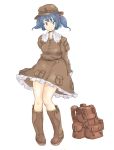  alternate_color arms_behind_back backpack backpack_removed bag bare_legs blue_eyes blue_hair boots brown_dress brown_footwear brown_hat dress frilled_dress frills hair_bobbles hair_ornament hat highres kawashiro_nitori key knee_boots looking_to_the_side michael-x pocket rubber_boots smile thighs touhou two_side_up white_background 