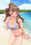  bangs bare_shoulders beach bikini blunt_bangs blush breasts brown_hair cleavage cloud collarbone commentary_request cowboy_shot day embarrassed eyebrows eyebrows_visible_through_hair front-tie_top hair_bun highres idolmaster idolmaster_cinderella_girls kamiya_nao long_hair looking_at_viewer medium_breasts nigou open_mouth outdoors red_eyes sky solo striped striped_bikini striped_swimsuit sweatdrop swimsuit thick_eyebrows water 