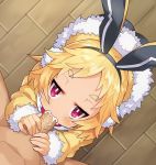  1girl ass black_hairband blonde_hair blush cum cum_in_mouth disgaea earmuffs eyebrows eyebrows_visible_through_hair fellatio from_above hairband hetero long_sleeves looking_at_viewer makai_senki_disgaea_5 oral penis red_eyes short_hair solo_focus thick_eyebrows tsuderou usalia_(disgaea) veins veiny_penis 