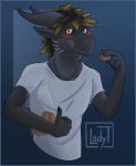  2018 anthro blush claws clothed clothing cookie digital_media_(artwork) dragon food hair horn lady-t_(artist) male scalie simple_background solo 