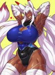  2_tails abs animal_humanoid bandage beauty_mark big_breasts big_ears breasts brown_skin cleavage cleavage_cutout clothed clothing dantera_rina dantera_zena dipstick_tail face_paint facial_scar female grin hair huge_breasts huge_muscles humanoid hutago long_hair mammal mole_(marking) multi_tail multicolored_tail muscular muscular_female navel nipple_bulge one-piece_swimsuit raised_arm scar slit_pupils smile solo swimsuit tiny_head white_hair yellow_eyes 