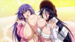  2girls animal_ears animated animated_gif areola_slip areolae asymmetrical_docking bandage blue_hair blush bouncing_breasts breast_rub breasts cleavage erect_nipples erect_nipples_under_clothes fidgeting gigantic_breasts hat hizuki_ayana hizuki_touko hoods_entertainment huge_nipples kagaku_na_yatsura kaneko_hiraku labcoat large_areolae multiple_girls nipple_rub nipple_slip nipples_touching open_mouth pajamas purple_hair red_eyes sweat tears unzipped 