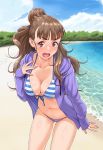  bangs beach bikini blunt_bangs blush breasts brown_hair cardigan cleavage cloud collarbone commentary_request cowboy_shot day embarrassed eyebrows eyebrows_visible_through_hair front-tie_top hair_bun highres idolmaster idolmaster_cinderella_girls kamiya_nao long_hair looking_at_viewer medium_breasts nigou open_cardigan open_clothes open_mouth outdoors red_eyes sky sleeves_past_wrists solo striped striped_bikini striped_swimsuit sweatdrop swimsuit swimsuit_under_clothes thick_eyebrows water 