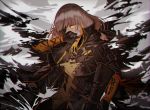  assault_rifle bangs blonde_hair braid cloak corruption covering_mouth eyepatch floating_hair girls_frontline gloves gun hand_up holding holding_gun holding_weapon jacket long_hair m16a1 m16a1_(girls_frontline) mole mole_under_eye multicolored_hair necktie rifle sangvis_ferri scar shirt silence_girl single_braid solo spoilers streaked_hair torn_clothes weapon white_hair wind wind_lift 