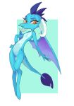  2018 blue_scales breasts cute cyan_background dragon eyebrows eyelashes eyeshadow female flat_chested friendship_is_magic hi_res horn ikirunosindo looking_at_viewer makeup mascara membranous_wings my_little_pony nude orange_eyes portrait pose princess_ember_(mlp) scales scalie simple_background slit_pupils smile solo thick_tail two_tone_background white_background wings 