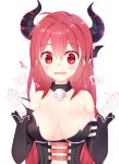  1girl ahoge areola_slip areolae bangs bare_shoulders blanket_(kkbjah) blush breasts collarbone detached_sleeves elesis_(elsword) elsword eyebrows_visible_through_hair fang gloves hair_between_eyes hair_intakes hands_up heart horns long_hair medium_breasts open_mouth red_eyes red_hair simple_background skull solo star straight_hair wavy_hair white_background white_gloves 