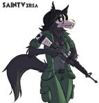  2018 anthro assault_rifle black_fur black_hair breasts canine clothed clothing digital_media_(artwork) female fur gun hair looking_aside m16 mammal monster ranged_weapon rifle saintversa scp-1471 scp_foundation simple_background skull soldier solo vietnam weapon white_background 