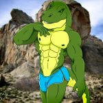  abs anthro biceps bulge clothed clothing digital_media_(artwork) dinosaur fabfelipe looking_at_viewer male muscular muscular_male nipples open_mouth pecs scalie smile solo teeth theropod tyrannosaurus_rex 