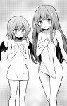  2girls :d bangs bare_arms bare_shoulders bat_wings blush breasts collarbone commentary_request eyebrows_visible_through_hair feet_out_of_frame groin hair_between_eyes halftone halftone_background hands_up highres hyurasan long_hair looking_at_viewer medium_breasts monochrome multiple_girls naked_towel no_hat no_headwear open_mouth patchouli_knowledge remilia_scarlet short_hair smile standing thighs touhou towel very_long_hair white_background wings 