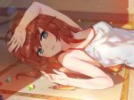  aqua_eyes bare_shoulders breasts brown_hair cleavage darling_in_the_franxx half-closed_eyes hand_on_head lying marble miku_(darling_in_the_franxx) on_back parted_lips small_breasts solo sweat tank_top tatami twintails waterring 