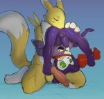  anal anthro anthro_on_anthro balls blue_background canine clothing dacad digimon duo eyes_closed felching fur gloves green_eyes hand_on_leg imp impmon kneeling knot male male/male mammal nude oral penis purple_skin renamon rimming sex simple_background size_difference spread_legs spreading upside_down white_fur yellow_fur 