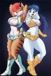  &lt;3 absurd_res anthro black_fur boots breasts brown_fur canine cleavage cleavage_cutout clothed clothing dirty_pair duo fay_spaniel feline female footwear fur hi_res kyelyn_(artist) looking_at_viewer mammal miyu_lynx nintendo skimpy space star star_fox striped_fur stripes video_games white_fur 